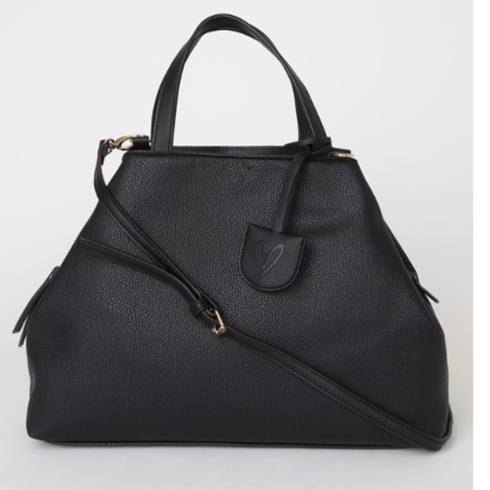 Lulus Black Vegan Leather Tote w/ Gold Accents Detachable Strap 15"x11"x5" *NWT*